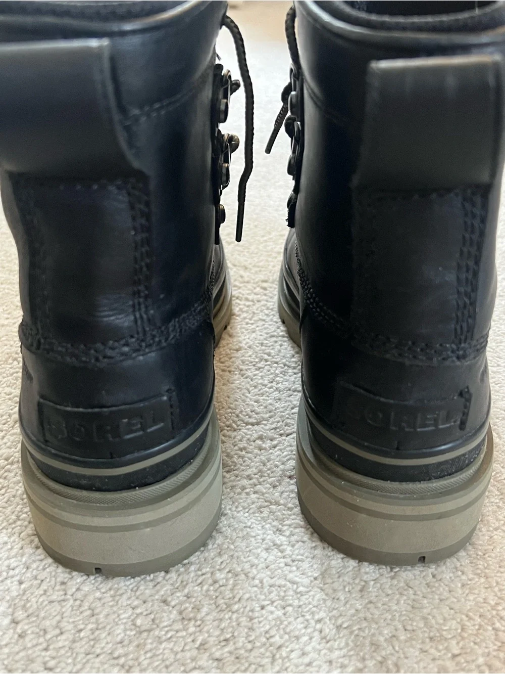 Sorel Lennox Street Black Leather Lace-Up Winter Boots with Sage Sole
